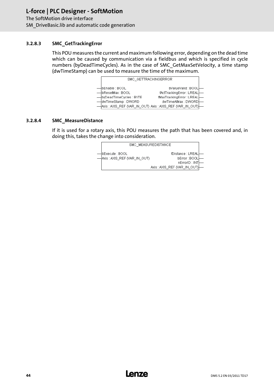 3 smc_gettrackingerror, 4 smc_measuredistance | Lenze PLC Designer PLC-Designer (R2-x) SoftMotion User Manual | Page 44 / 290