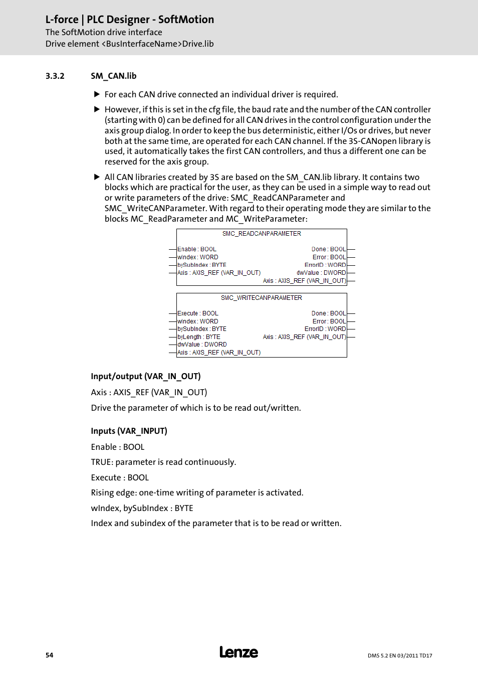 2 sm_can.lib, Sm_can.lib, L-force | plc designer - softmotion | Lenze PLC Designer PLC-Designer (R2-x) SoftMotion User Manual | Page 54 / 290