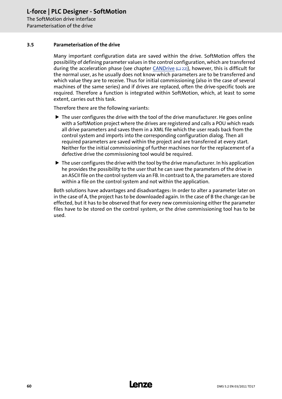 5 parameterisation of the drive, Parameterisation of the drive, L-force | plc designer - softmotion | Lenze PLC Designer PLC-Designer (R2-x) SoftMotion User Manual | Page 60 / 290