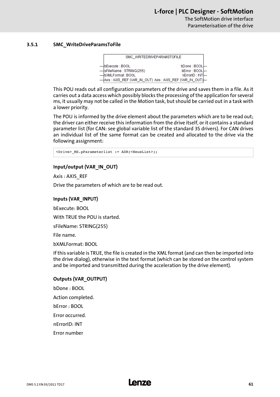 1 smc_writedriveparamstofile, Smc_writedriveparamstofile, L-force | plc designer - softmotion | Lenze PLC Designer PLC-Designer (R2-x) SoftMotion User Manual | Page 61 / 290