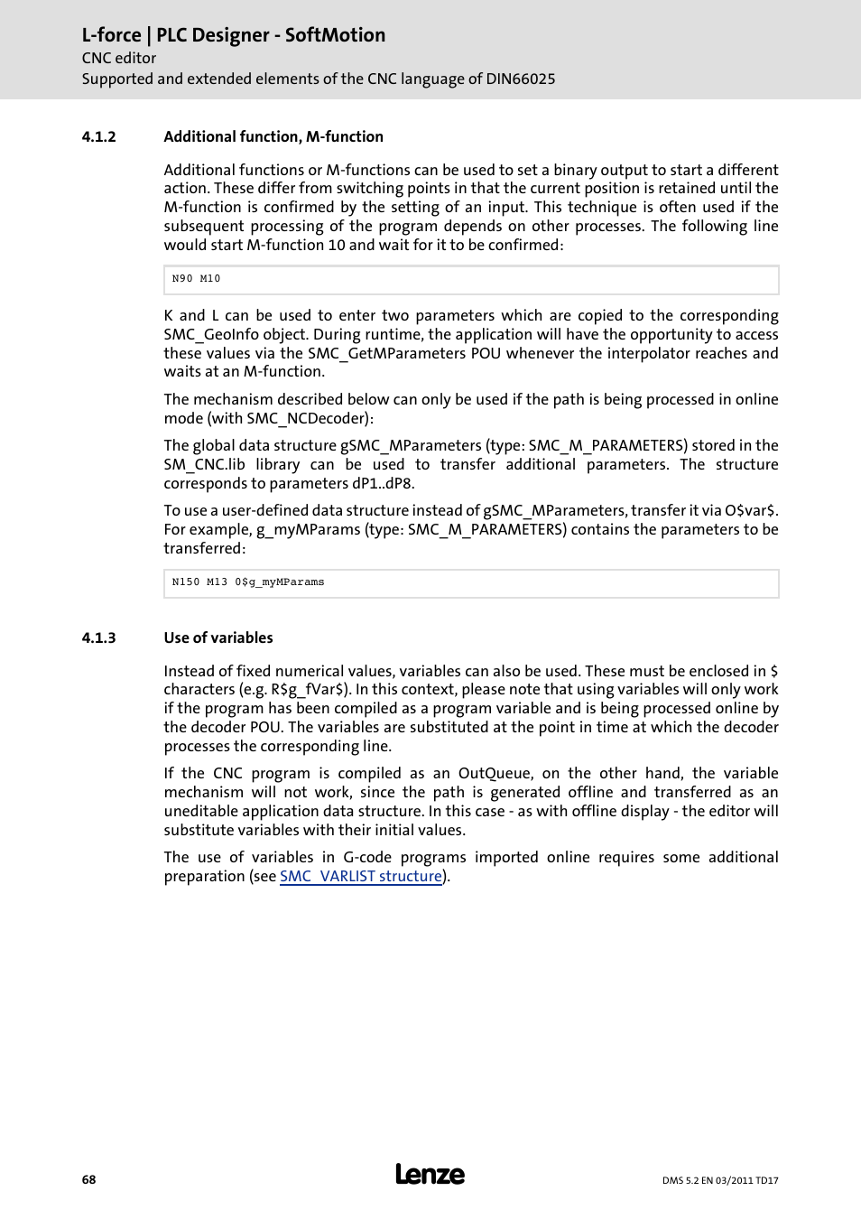 2 additional function, m-function, 3 use of variables, Additional function, m-function | Use of variables, L-force | plc designer - softmotion | Lenze PLC Designer PLC-Designer (R2-x) SoftMotion User Manual | Page 68 / 290