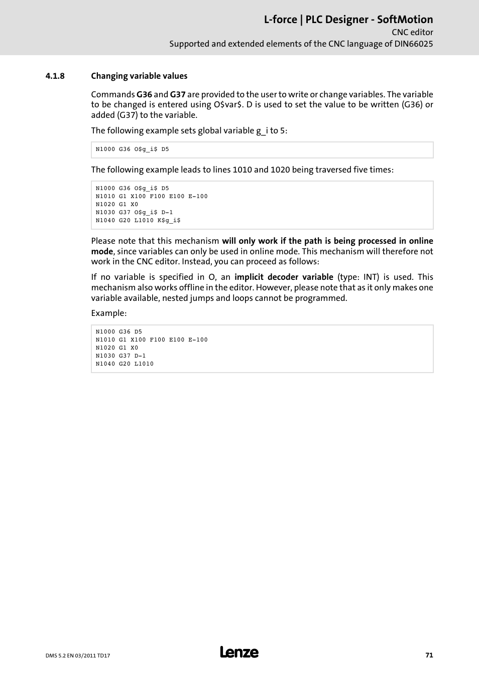 8 changing variable values, Changing variable values, L-force | plc designer - softmotion | Lenze PLC Designer PLC-Designer (R2-x) SoftMotion User Manual | Page 71 / 290