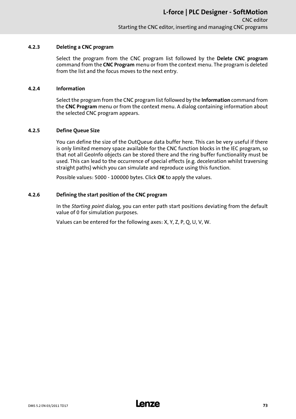 3 deleting a cnc program, 4 information, 5 define queue size | 6 defining the start position of the cnc program, Deleting a cnc program, Information, Define queue size, Defining the start position of the cnc program, L-force | plc designer - softmotion | Lenze PLC Designer PLC-Designer (R2-x) SoftMotion User Manual | Page 73 / 290