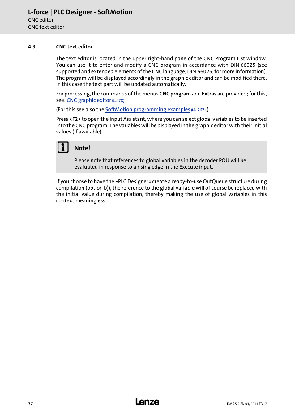3 cnc text editor, Cnc text editor, L-force | plc designer - softmotion | Lenze PLC Designer PLC-Designer (R2-x) SoftMotion User Manual | Page 77 / 290