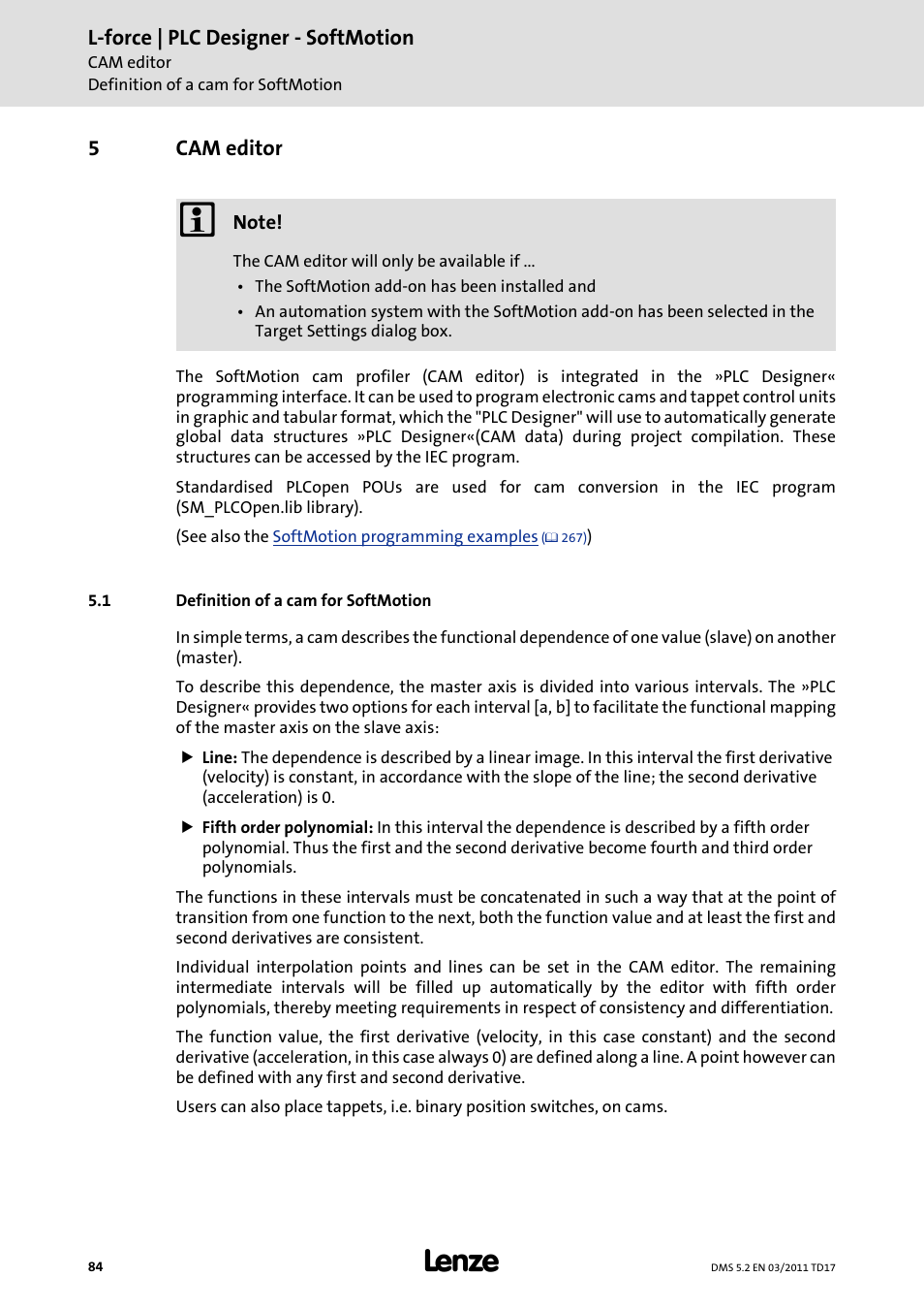 5 cam editor, 1 definition of a cam for softmotion, Cam editor | Definition of a cam for softmotion, L-force | plc designer - softmotion, 5cam editor | Lenze PLC Designer PLC-Designer (R2-x) SoftMotion User Manual | Page 84 / 290