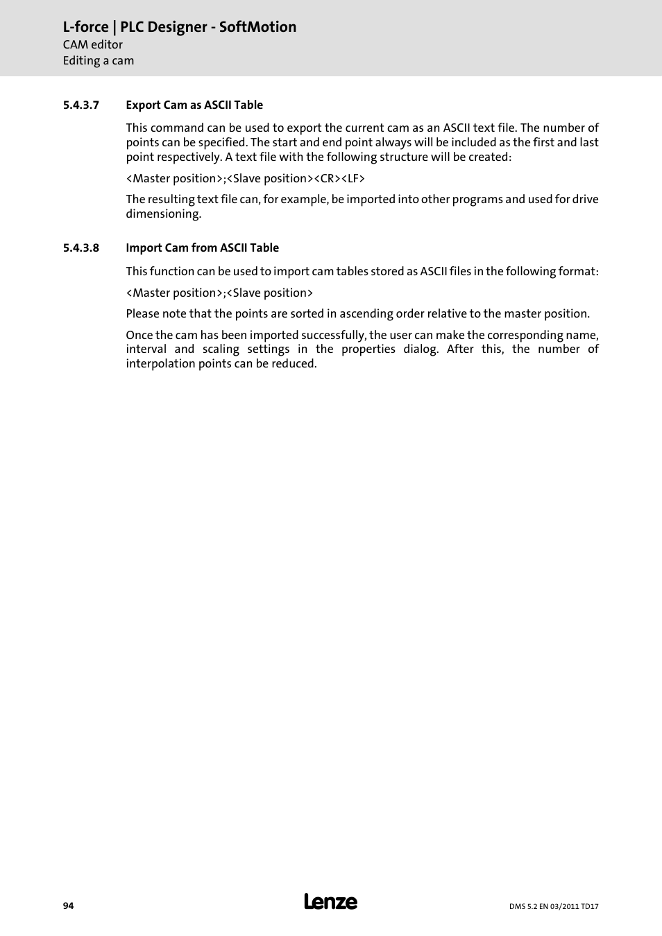 7 export cam as ascii table, 8 import cam from ascii table | Lenze PLC Designer PLC-Designer (R2-x) SoftMotion User Manual | Page 94 / 290