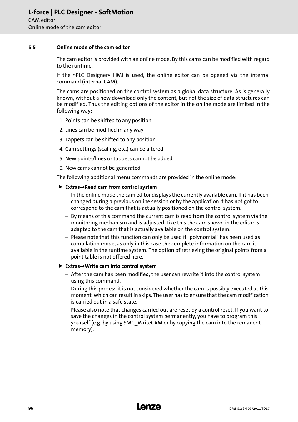 5 online mode of the cam editor, Online mode of the cam editor, L-force | plc designer - softmotion | Lenze PLC Designer PLC-Designer (R2-x) SoftMotion User Manual | Page 96 / 290
