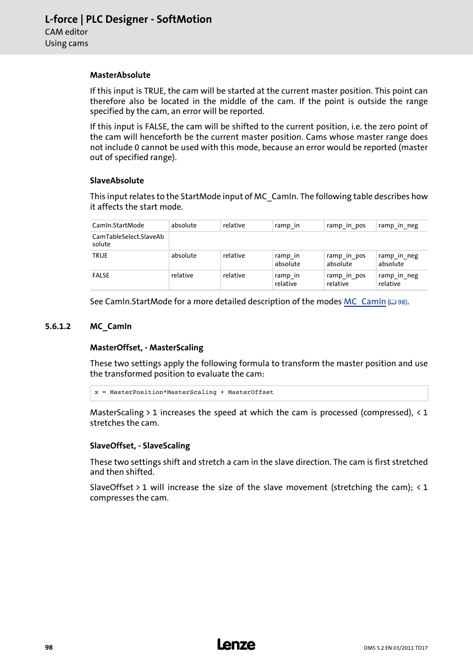 2 mc_camin, L-force | plc designer - softmotion | Lenze PLC Designer PLC-Designer (R2-x) SoftMotion User Manual | Page 98 / 290