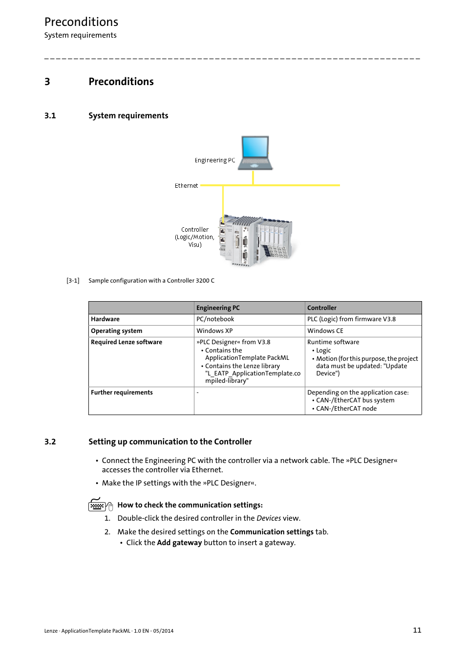 3 preconditions, 1 system requirements, 2 setting up communication to the controller | Preconditions, System requirements, Setting up communication to the controller, 3preconditions | Lenze ApplicationTemplate PackML (PLC Designer R3-x) User Manual | Page 11 / 99