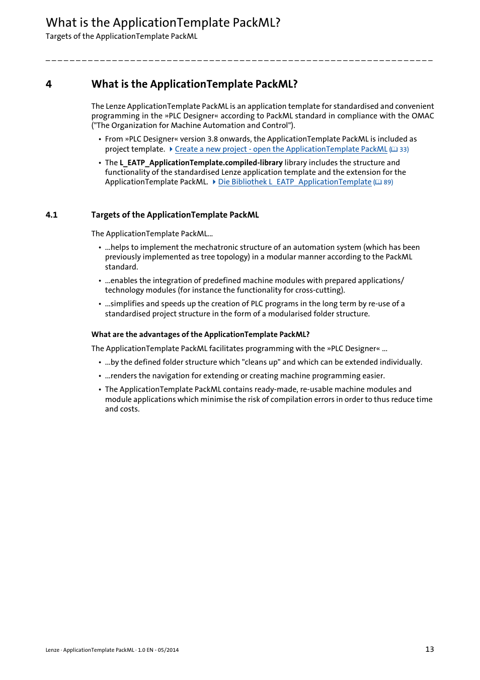 4 what is the applicationtemplate packml, 1 targets of the applicationtemplate packml, What is the applicationtemplate packml | Targets of the applicationtemplate packml, 4what is the applicationtemplate packml | Lenze ApplicationTemplate PackML (PLC Designer R3-x) User Manual | Page 13 / 99