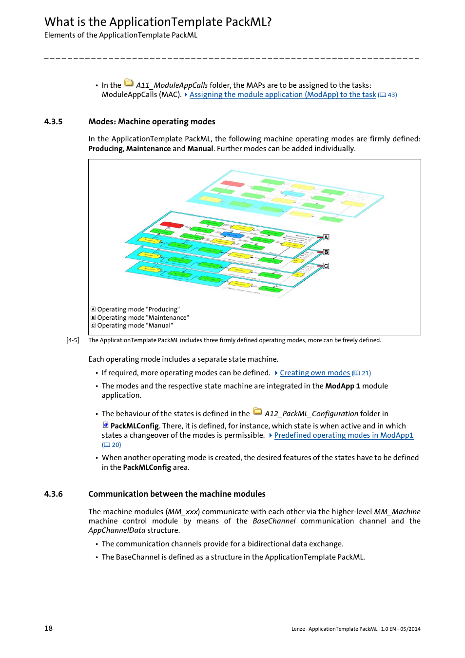 5 modes: machine operating modes, 6 communication between the machine modules, Modes: machine operating modes | Communication between the machine modules, What is the applicationtemplate packml | Lenze ApplicationTemplate PackML (PLC Designer R3-x) User Manual | Page 18 / 99