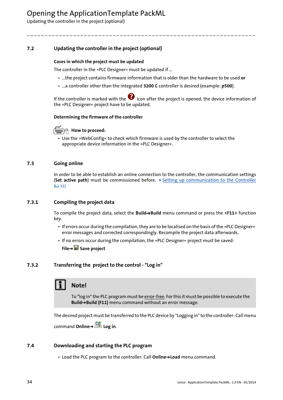 3 going online, 1 compiling the project data, 4 downloading and starting the plc program | Updating the controller in the project (optional), Going online, Compiling the project data, Transferring the project to the control - "log in, Downloading and starting the plc program, Going online ( 34), Compiling the project data ( 34) | Lenze ApplicationTemplate PackML (PLC Designer R3-x) User Manual | Page 34 / 99