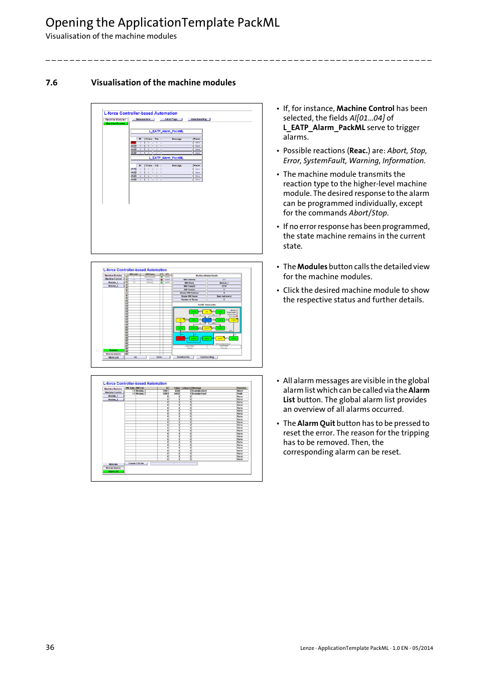 6 visualisation of the machine modules, Visualisation of the machine modules, Opening the applicationtemplate packml | Lenze ApplicationTemplate PackML (PLC Designer R3-x) User Manual | Page 36 / 99