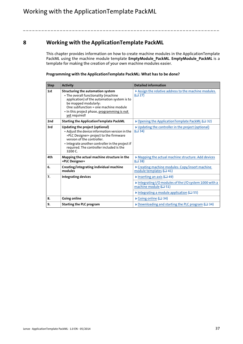 8 working with the applicationtemplate packml, Working with the applicationtemplate packml, 8working with the applicationtemplate packml | Lenze ApplicationTemplate PackML (PLC Designer R3-x) User Manual | Page 37 / 99