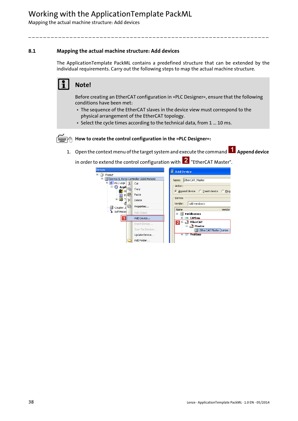 Mapping the actual machine structure: add devices, Working with the applicationtemplate packml | Lenze ApplicationTemplate PackML (PLC Designer R3-x) User Manual | Page 38 / 99