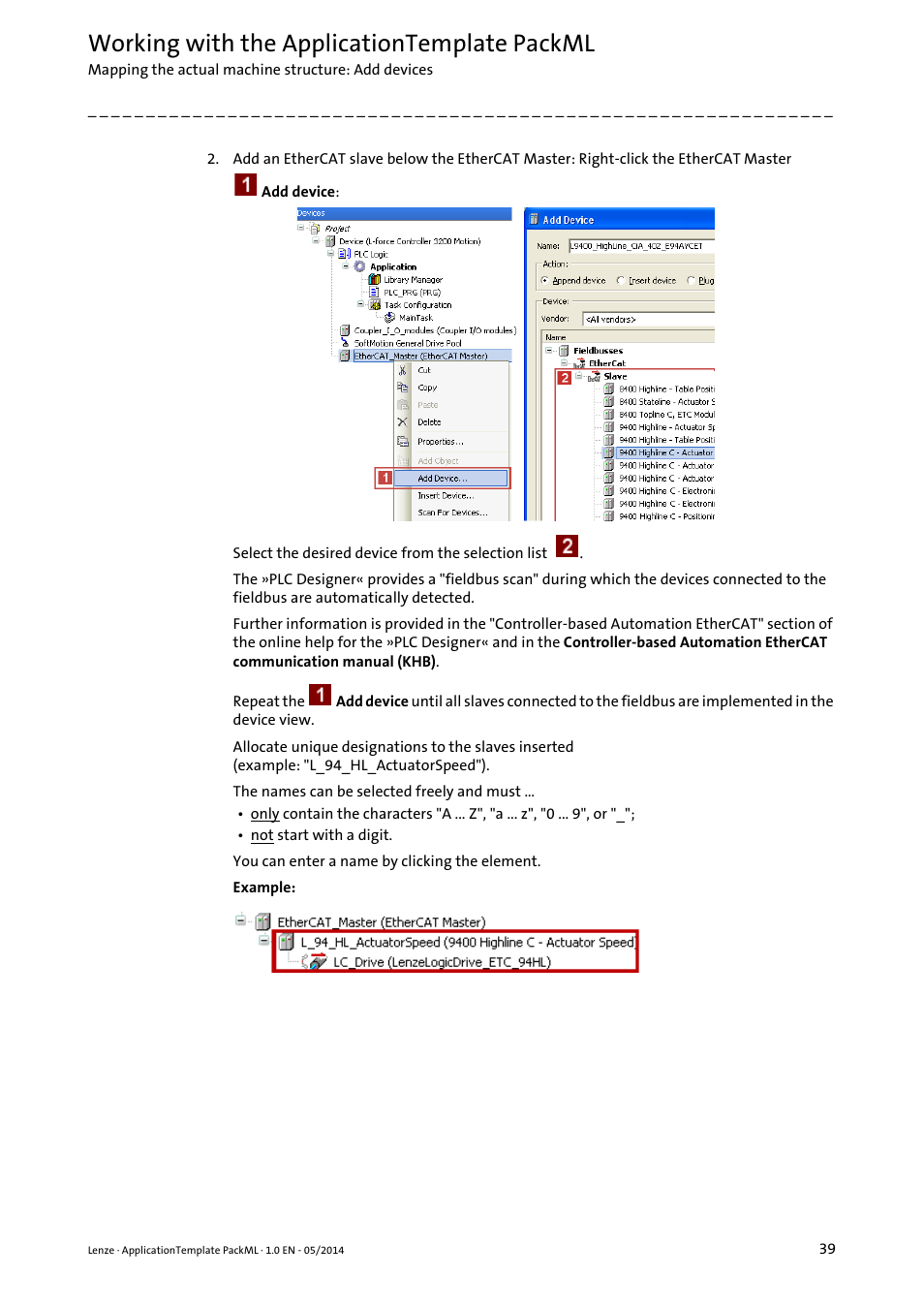 Working with the applicationtemplate packml | Lenze ApplicationTemplate PackML (PLC Designer R3-x) User Manual | Page 39 / 99