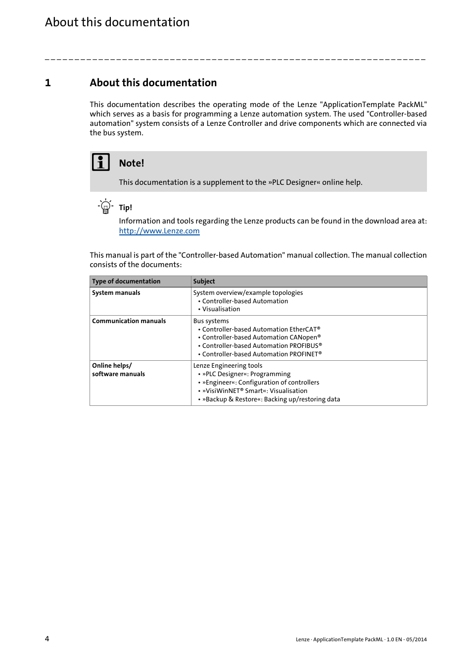 1 about this documentation, About this documentation, 1about this documentation | Lenze ApplicationTemplate PackML (PLC Designer R3-x) User Manual | Page 4 / 99