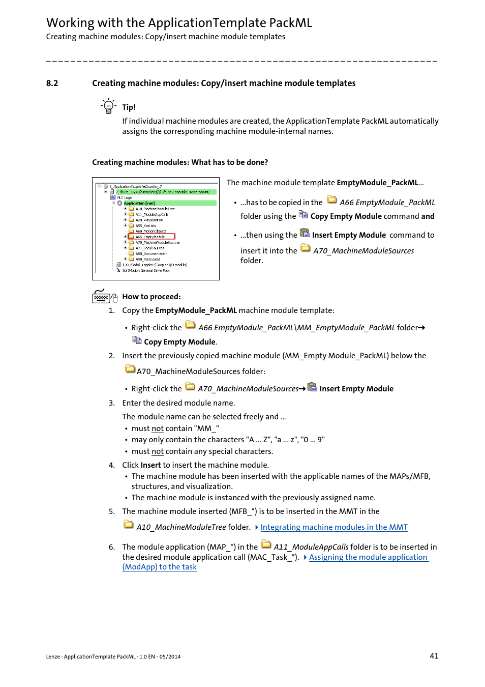 Creating machine modules: copy/insert, Machine module templates, Creating machine | Creating machine modules: copy/insert machine, Module templates ( 41), Working with the applicationtemplate packml | Lenze ApplicationTemplate PackML (PLC Designer R3-x) User Manual | Page 41 / 99