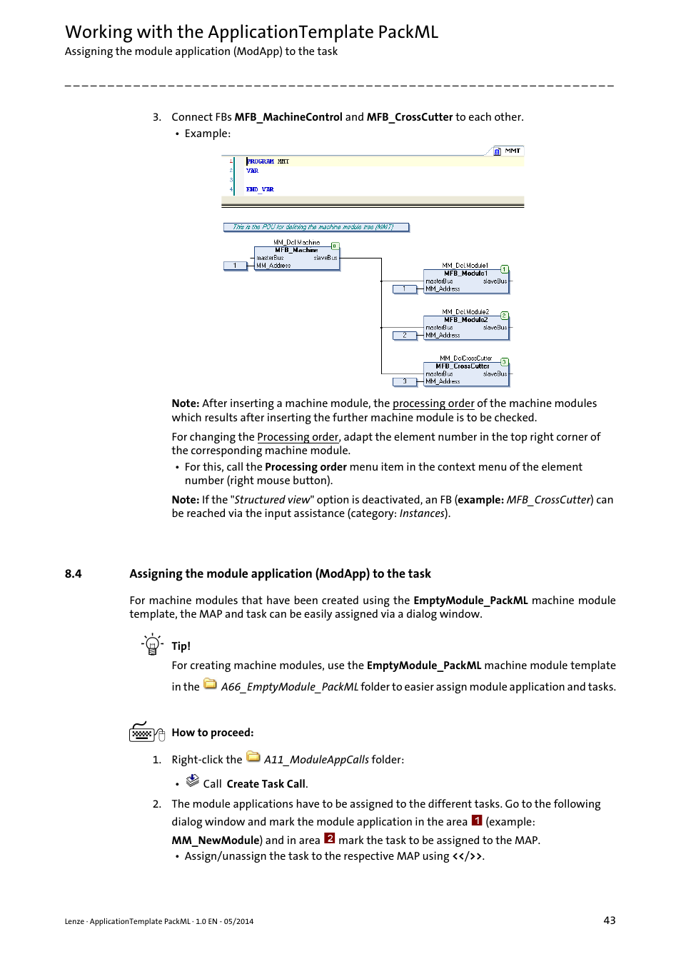 Assigning the module application (modapp) to, The task ( 43), Assigning the module application | Modapp) to the task, Working with the applicationtemplate packml | Lenze ApplicationTemplate PackML (PLC Designer R3-x) User Manual | Page 43 / 99