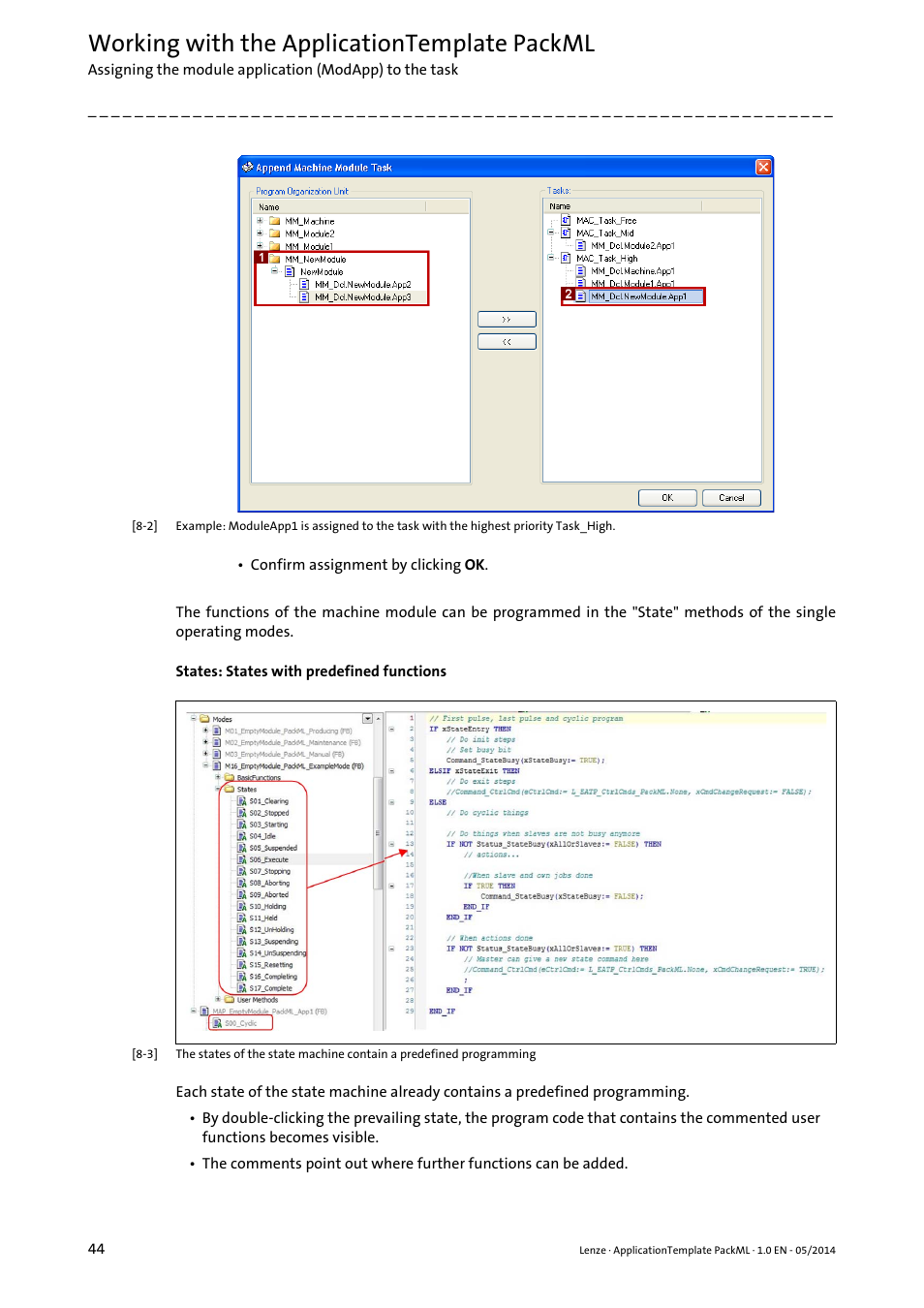 Working with the applicationtemplate packml | Lenze ApplicationTemplate PackML (PLC Designer R3-x) User Manual | Page 44 / 99