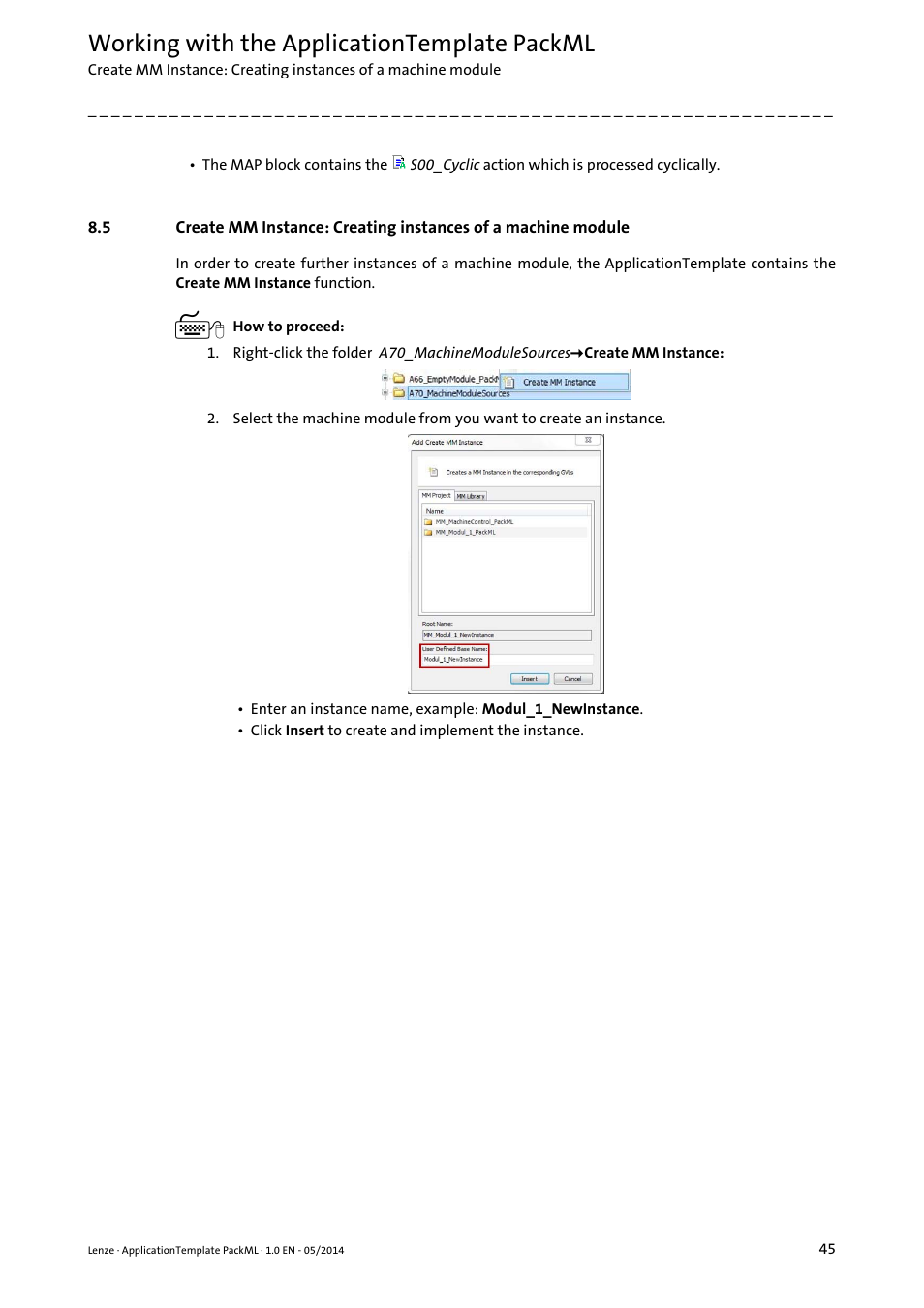 Working with the applicationtemplate packml | Lenze ApplicationTemplate PackML (PLC Designer R3-x) User Manual | Page 45 / 99