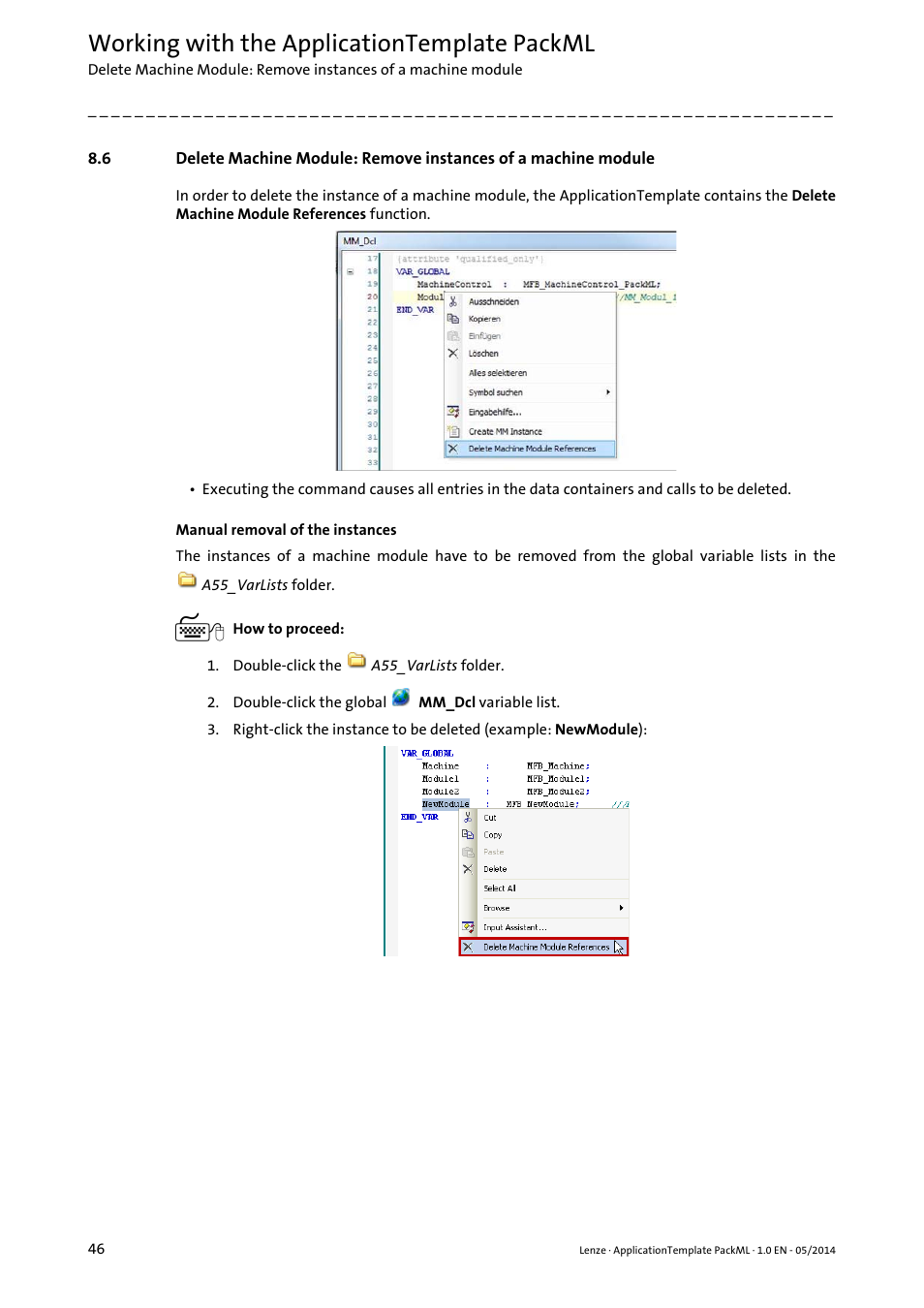Working with the applicationtemplate packml | Lenze ApplicationTemplate PackML (PLC Designer R3-x) User Manual | Page 46 / 99