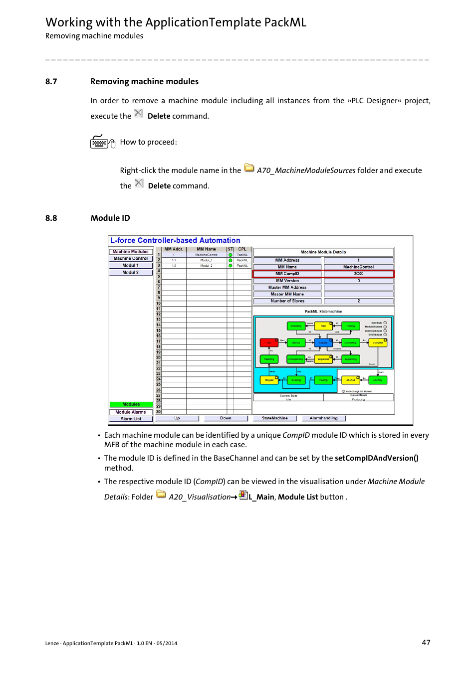 7 removing machine modules, 8 module id, Removing machine modules | Module id, Working with the applicationtemplate packml | Lenze ApplicationTemplate PackML (PLC Designer R3-x) User Manual | Page 47 / 99