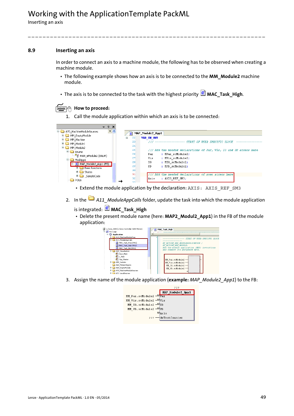 9 inserting an axis, Inserting an axis, Inserting an axis ( 49) | Working with the applicationtemplate packml | Lenze ApplicationTemplate PackML (PLC Designer R3-x) User Manual | Page 49 / 99