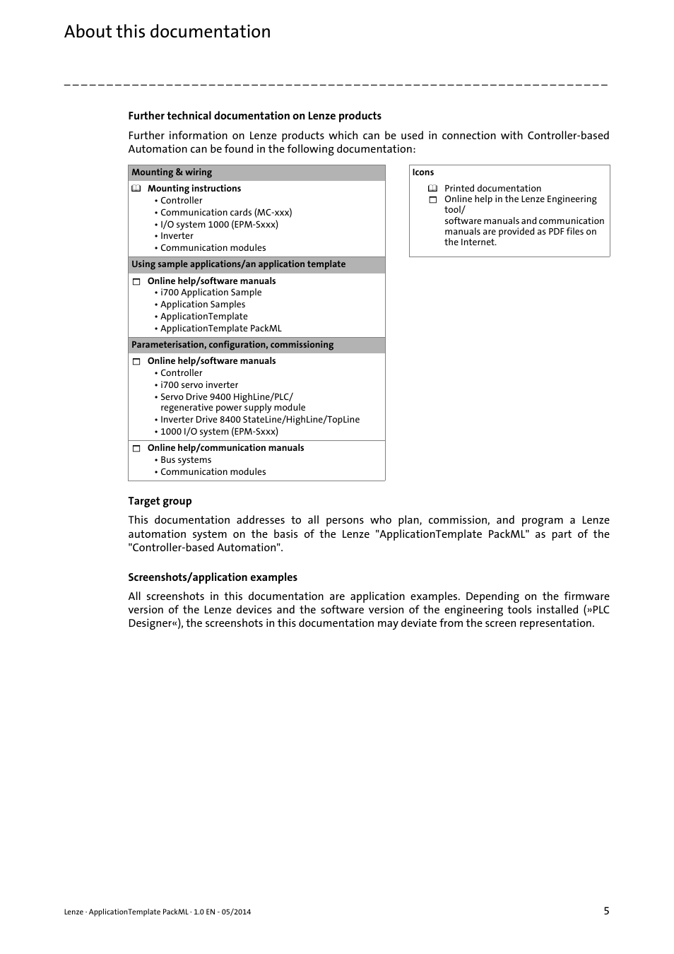 About this documentation | Lenze ApplicationTemplate PackML (PLC Designer R3-x) User Manual | Page 5 / 99