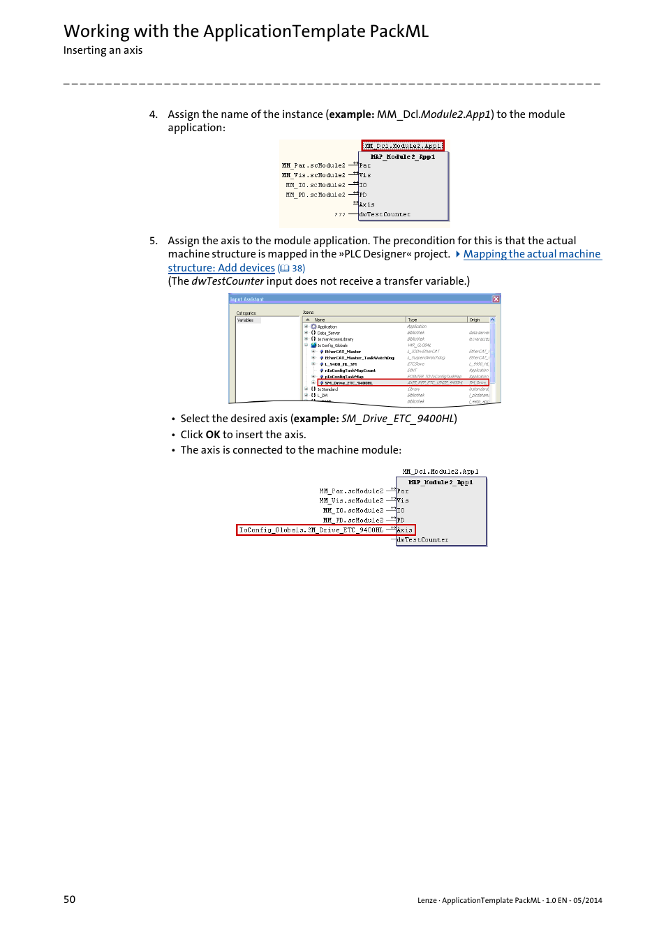 Working with the applicationtemplate packml | Lenze ApplicationTemplate PackML (PLC Designer R3-x) User Manual | Page 50 / 99