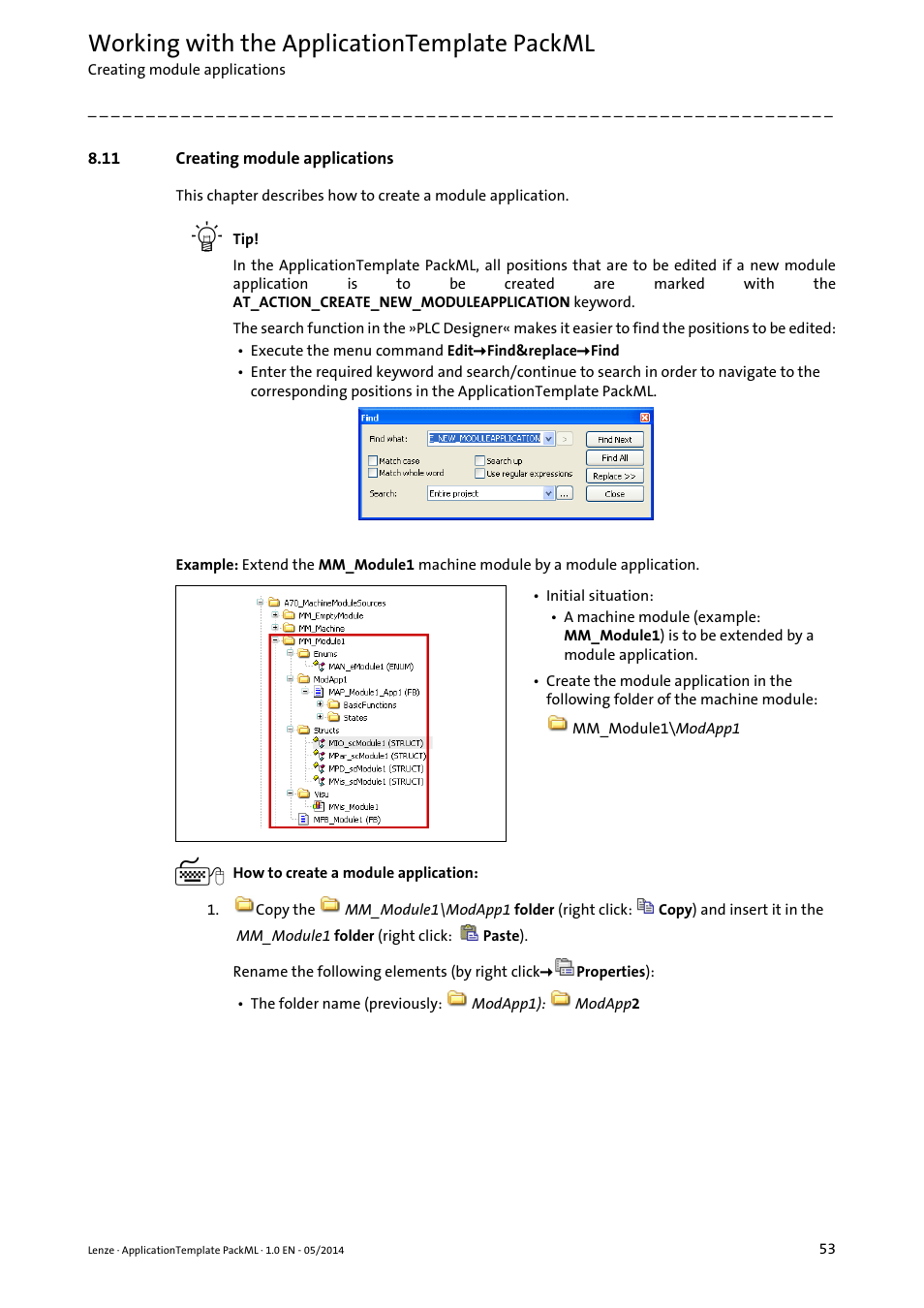 11 creating module applications, Creating module applications, Working with the applicationtemplate packml | Lenze ApplicationTemplate PackML (PLC Designer R3-x) User Manual | Page 53 / 99