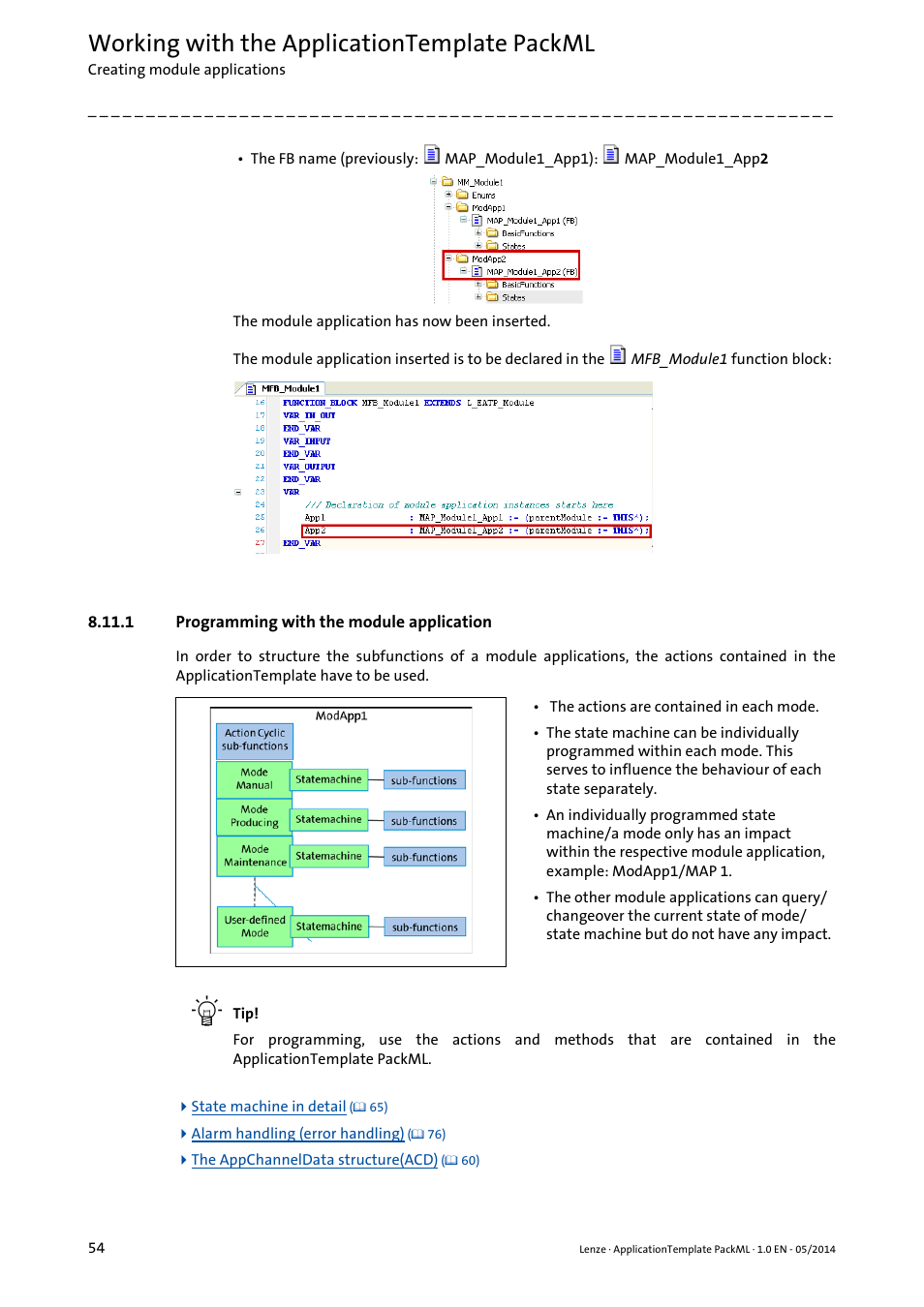 1 programming with the module application, Working with the applicationtemplate packml | Lenze ApplicationTemplate PackML (PLC Designer R3-x) User Manual | Page 54 / 99