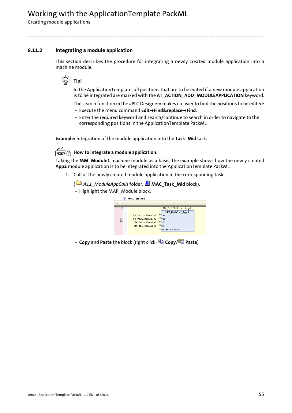 2 integrating a module application, Integrating a module application ( 55), Working with the applicationtemplate packml | Lenze ApplicationTemplate PackML (PLC Designer R3-x) User Manual | Page 55 / 99