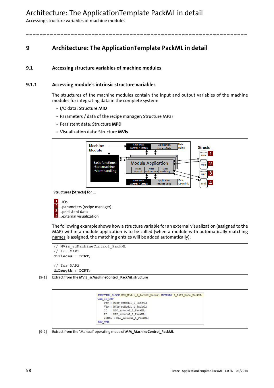 1 accessing structure variables of machine modules, 1 accessing module's intrinsic structure variables, Accessing structure variables of machine modules | Accessing module's intrinsic structure variables | Lenze ApplicationTemplate PackML (PLC Designer R3-x) User Manual | Page 58 / 99