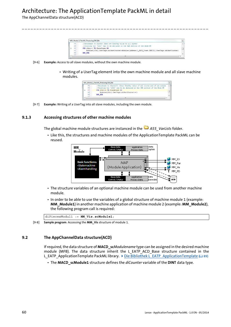 3 accessing structures of other machine modules, 2 the appchanneldata structure(acd), Accessing structures of other machine modules | The appchanneldata structure(acd) | Lenze ApplicationTemplate PackML (PLC Designer R3-x) User Manual | Page 60 / 99