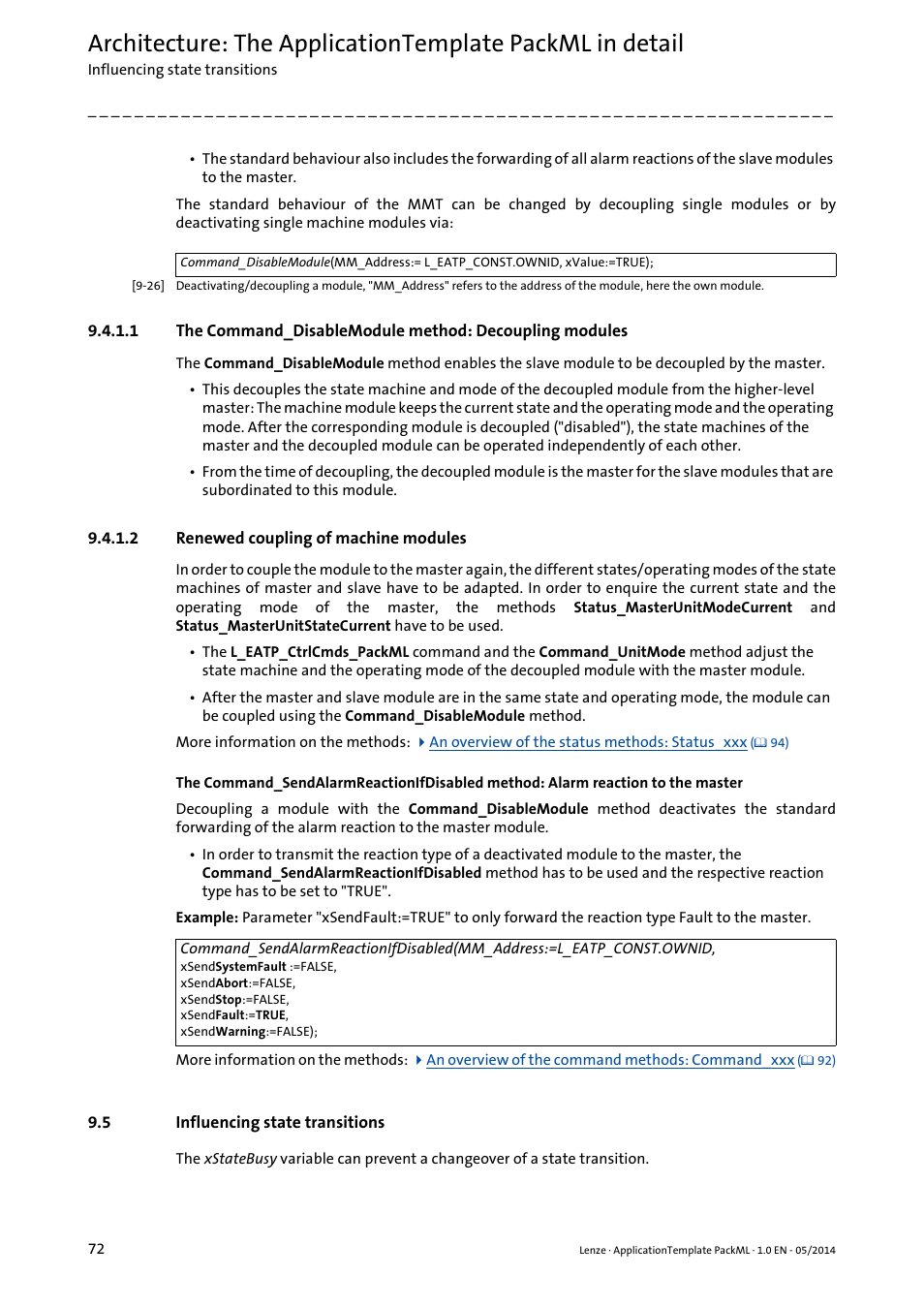 2 renewed coupling of machine modules, 5 influencing state transitions, Renewed coupling of machine modules | Influencing state transitions | Lenze ApplicationTemplate PackML (PLC Designer R3-x) User Manual | Page 72 / 99