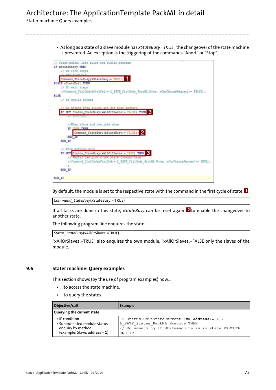 6 stater machine: query examples, Stater machine: query examples | Lenze ApplicationTemplate PackML (PLC Designer R3-x) User Manual | Page 73 / 99