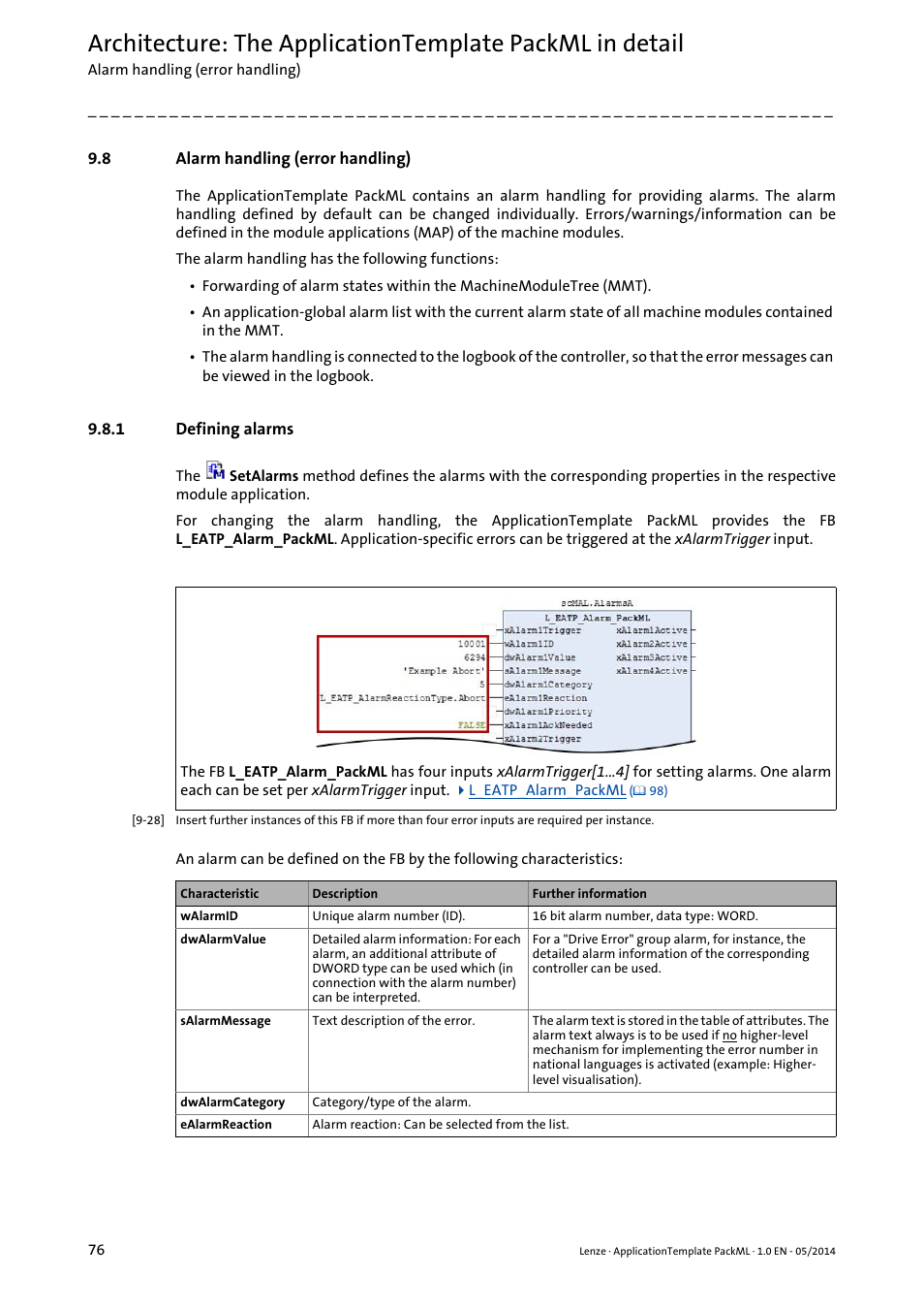 8 alarm handling (error handling), 1 defining alarms, Alarm handling (error handling) | Defining alarms, Alarm handling, Error handling) | Lenze ApplicationTemplate PackML (PLC Designer R3-x) User Manual | Page 76 / 99