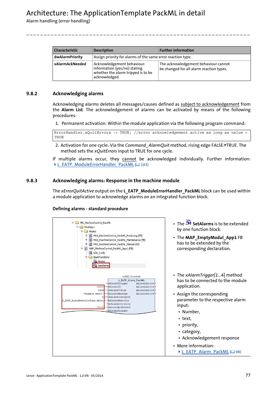 2 acknowledging alarms, Acknowledging alarms | Lenze ApplicationTemplate PackML (PLC Designer R3-x) User Manual | Page 77 / 99