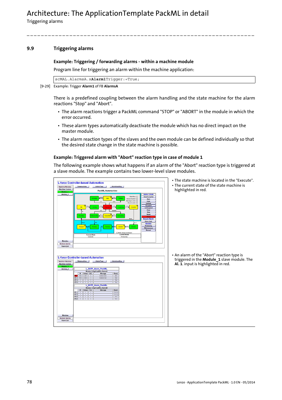 9 triggering alarms, Triggering alarms | Lenze ApplicationTemplate PackML (PLC Designer R3-x) User Manual | Page 78 / 99