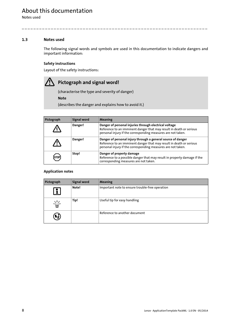 3 notes used, Notes used, About this documentation | Lenze ApplicationTemplate PackML (PLC Designer R3-x) User Manual | Page 8 / 99