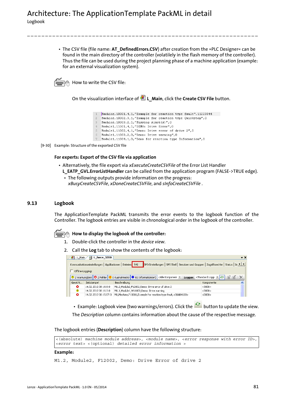 13 logbook | Lenze ApplicationTemplate PackML (PLC Designer R3-x) User Manual | Page 81 / 99