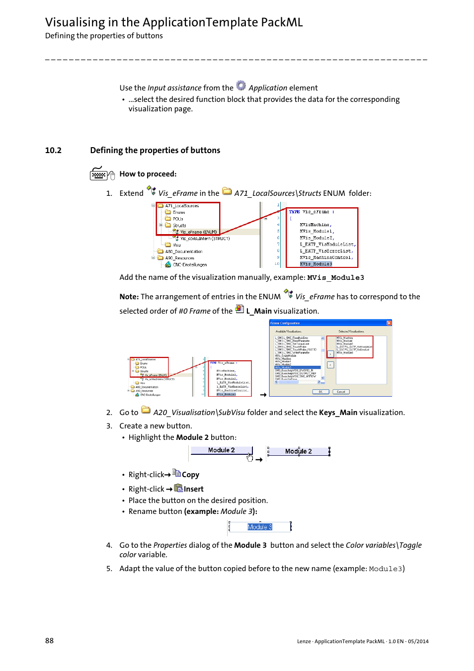 2 defining the properties of buttons, Visualising in the applicationtemplate packml | Lenze ApplicationTemplate PackML (PLC Designer R3-x) User Manual | Page 88 / 99