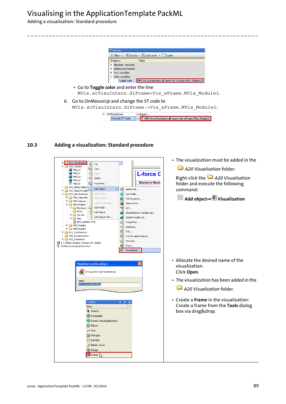 3 adding a visualization: standard procedure, Visualising in the applicationtemplate packml | Lenze ApplicationTemplate PackML (PLC Designer R3-x) User Manual | Page 89 / 99