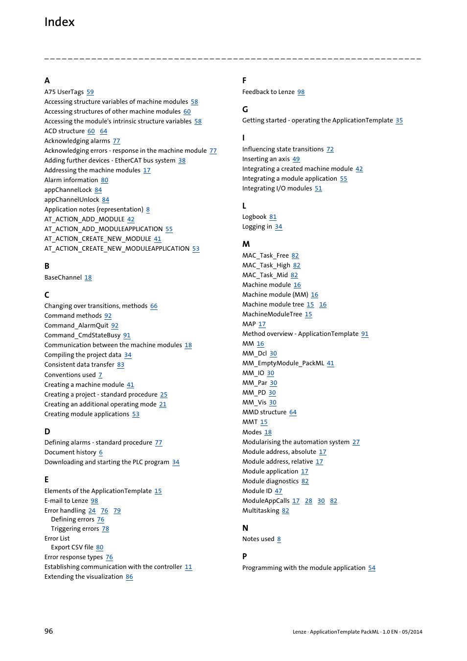 Index | Lenze ApplicationTemplate PackML (PLC Designer R3-x) User Manual | Page 96 / 99