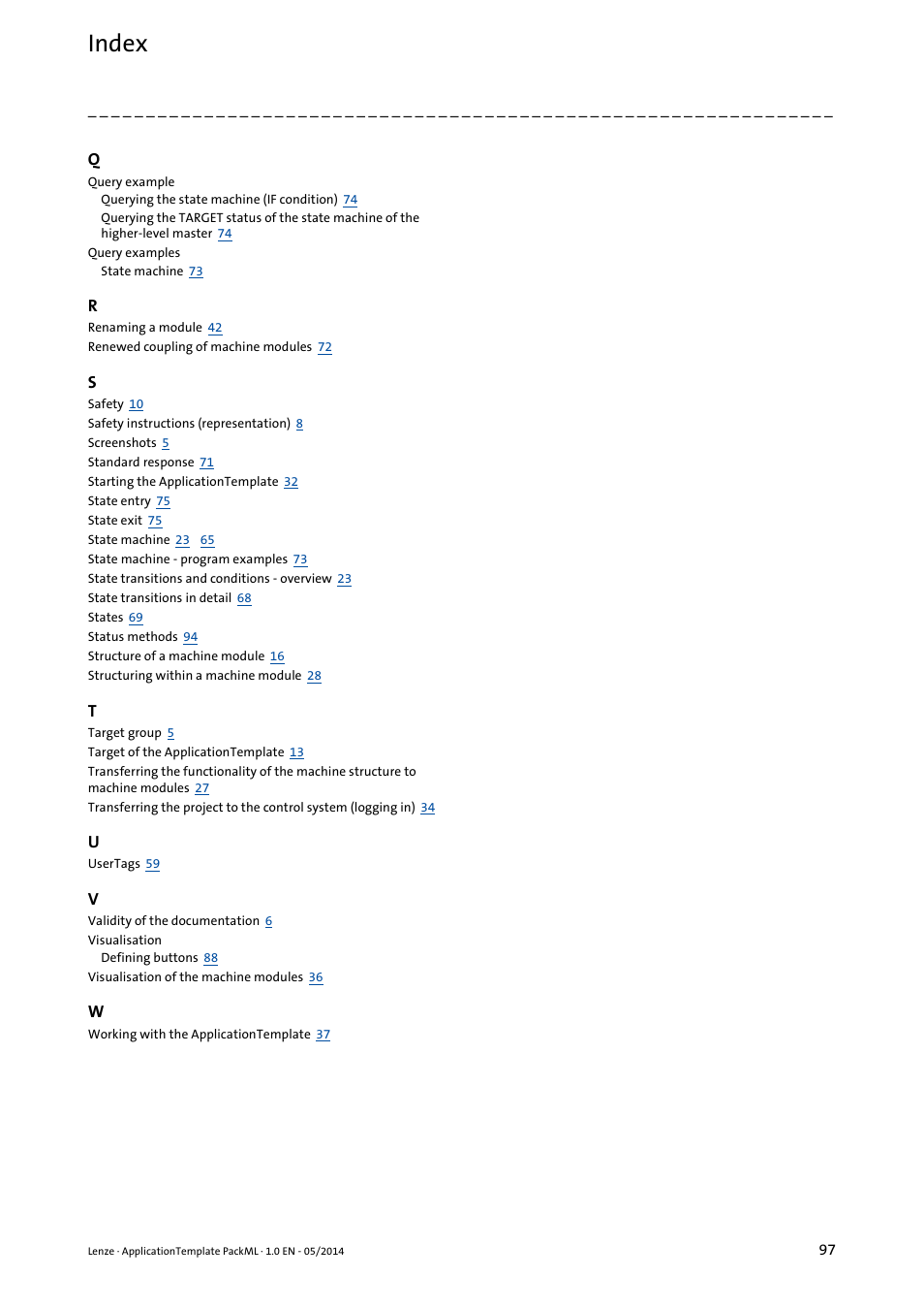 Index | Lenze ApplicationTemplate PackML (PLC Designer R3-x) User Manual | Page 97 / 99