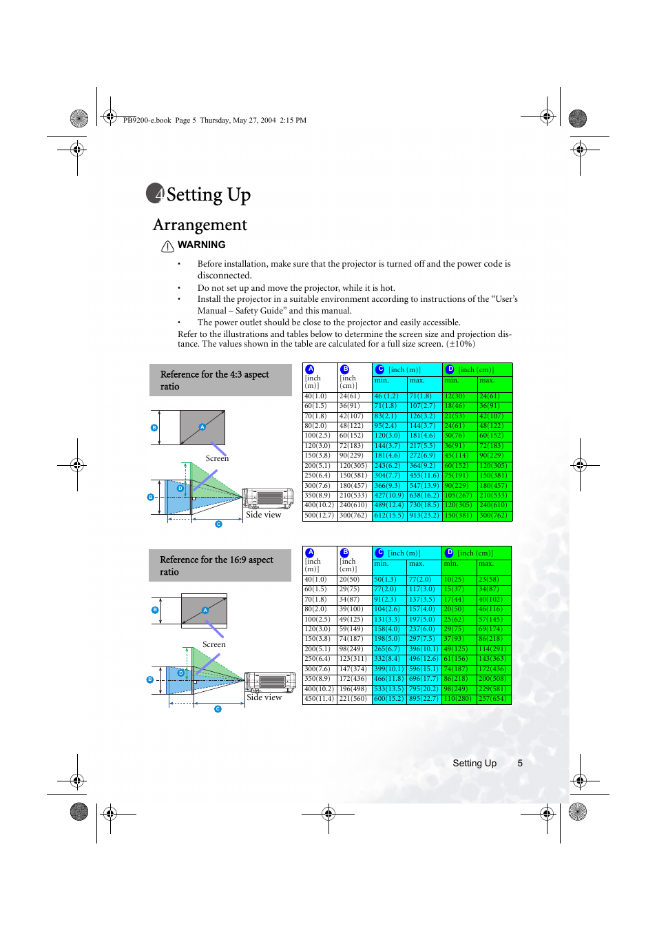 Setting up, Arrangement | BenQ PB9200 User Manual | Page 11 / 53