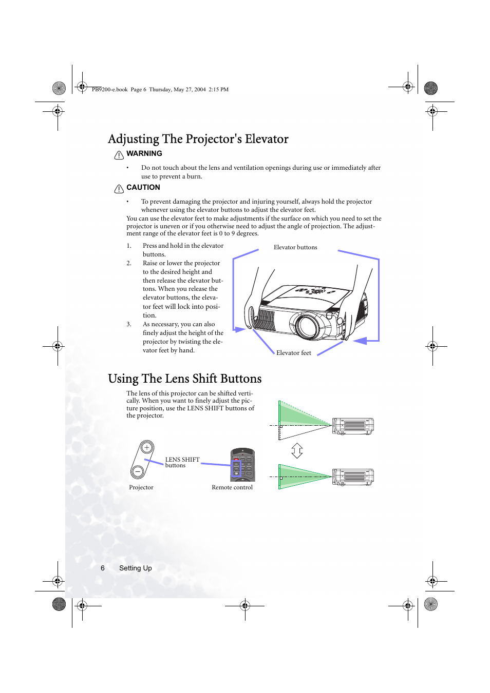 Adjusting the projector's elevator, Using the lens shift buttons | BenQ PB9200 User Manual | Page 12 / 53