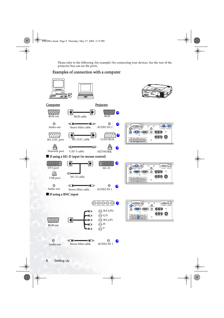 Examples of connection with a computer, Computer projector, If using a m1-d input (to mouse control) | Rgb out rgb cable rgb, Stereo mini cable audio in 2 audio out, Network port cat-5 cable network, Dvi port usb port m1-d cable m1-d, Audio in 1 audio out stereo mini cable, Rgb out r/c, G/y b/c | BenQ PB9200 User Manual | Page 14 / 53