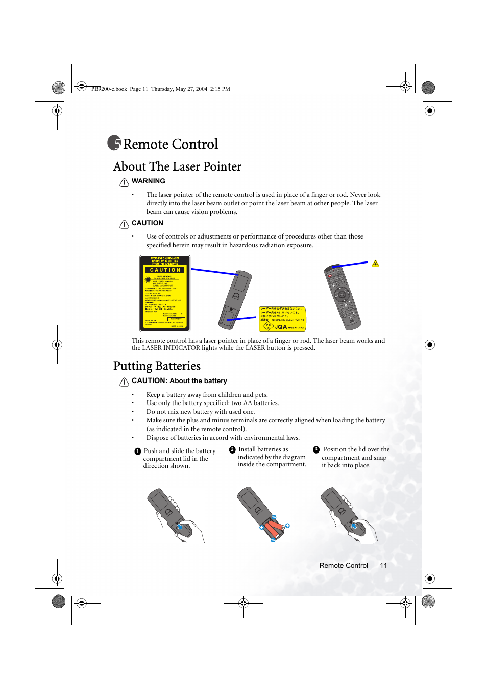 Remote control, About the laser pointer, Putting batteries | Caution, Las er ind ica tor, Remote control 11 | BenQ PB9200 User Manual | Page 17 / 53